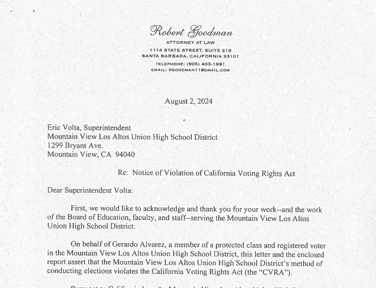 On Friday, August 2, the Mountain View-Los Altos board received a notice that their current election system — at-large elections – was violating the California Voting Rights Act. According to the letter, it impeded upon minority voters’ ability to influence board elections.